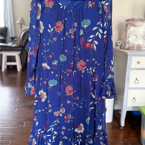 NWT! CALVIN KLEIN Blue, Red, White, and Black Ruffle Hem Floral Dress - Size 14 - Picture 5 of 11
